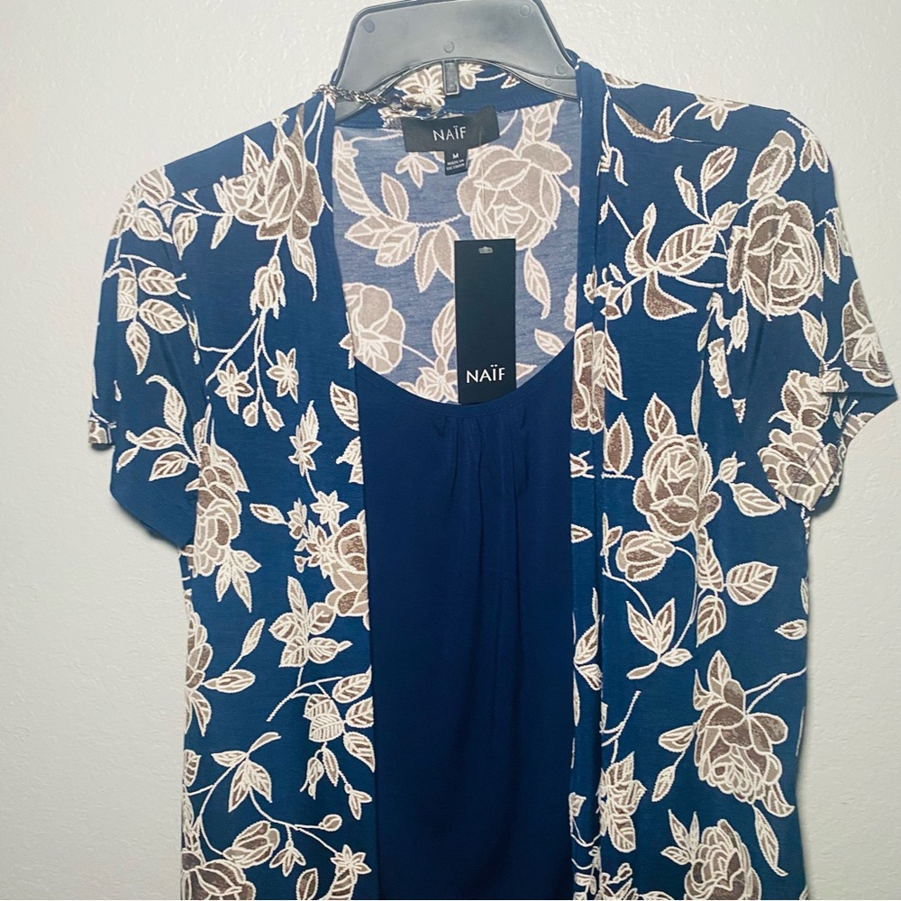 NAIF Blue and Cream Graphic Short Sleeve Blouse
